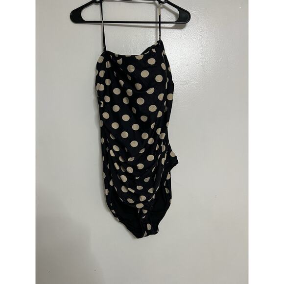 J. Crew Bandeau One Piece Bathing Suit Neck Strap Halter Black Polka - 16 - Picture 1 of 4